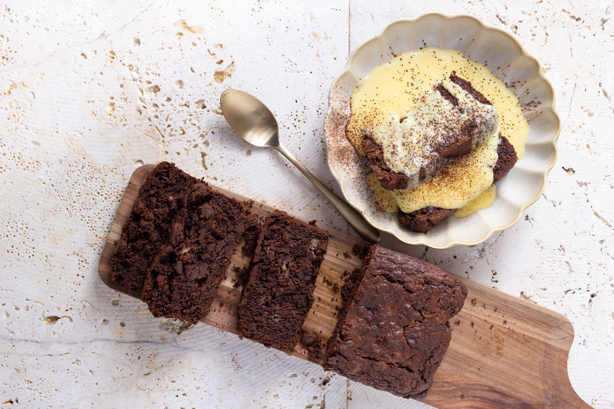 Chocolate banana bread and custard