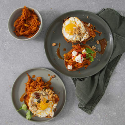 Crispy fried eggs and chakalaka bean salad on toast