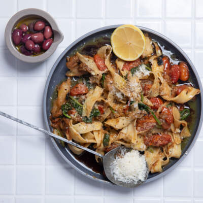 Fettuccine with baby tomatoes and smoky brinjal balsamic butter