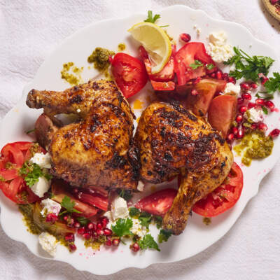 Harissa-rubbed chicken with heirloom tomato salad