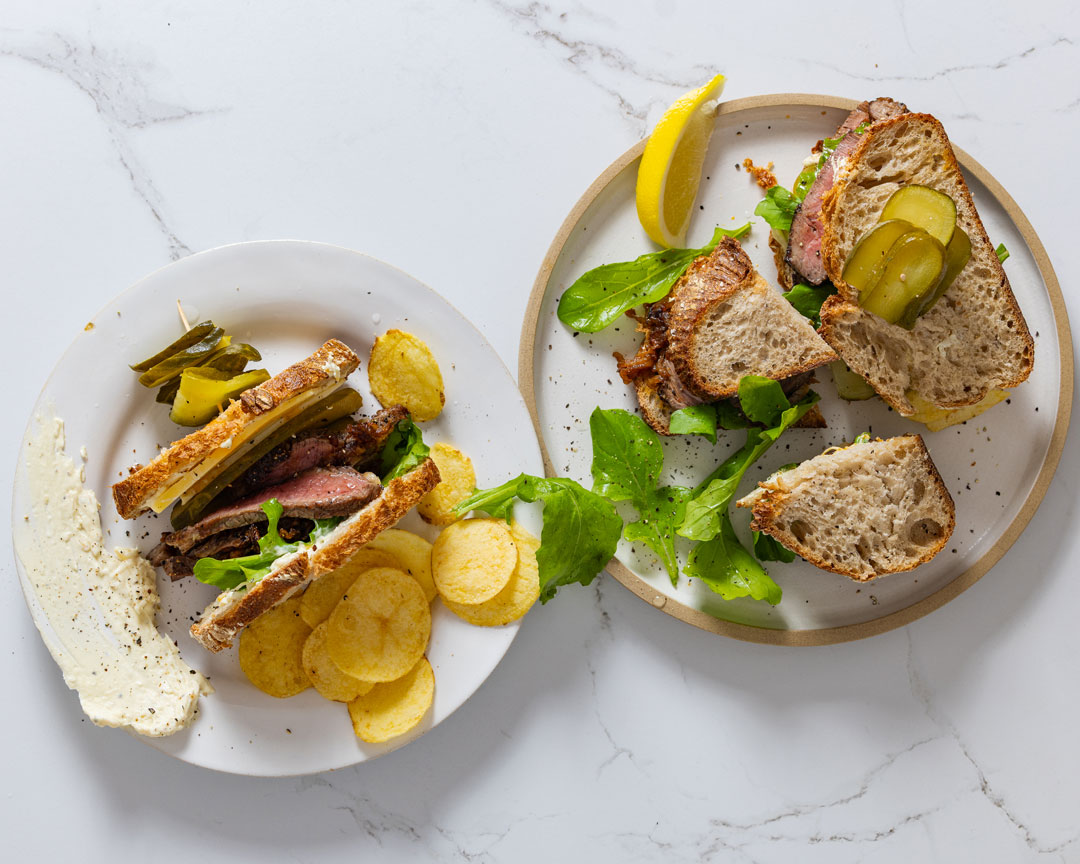 Steak sandwich with truffle-horseradish spread